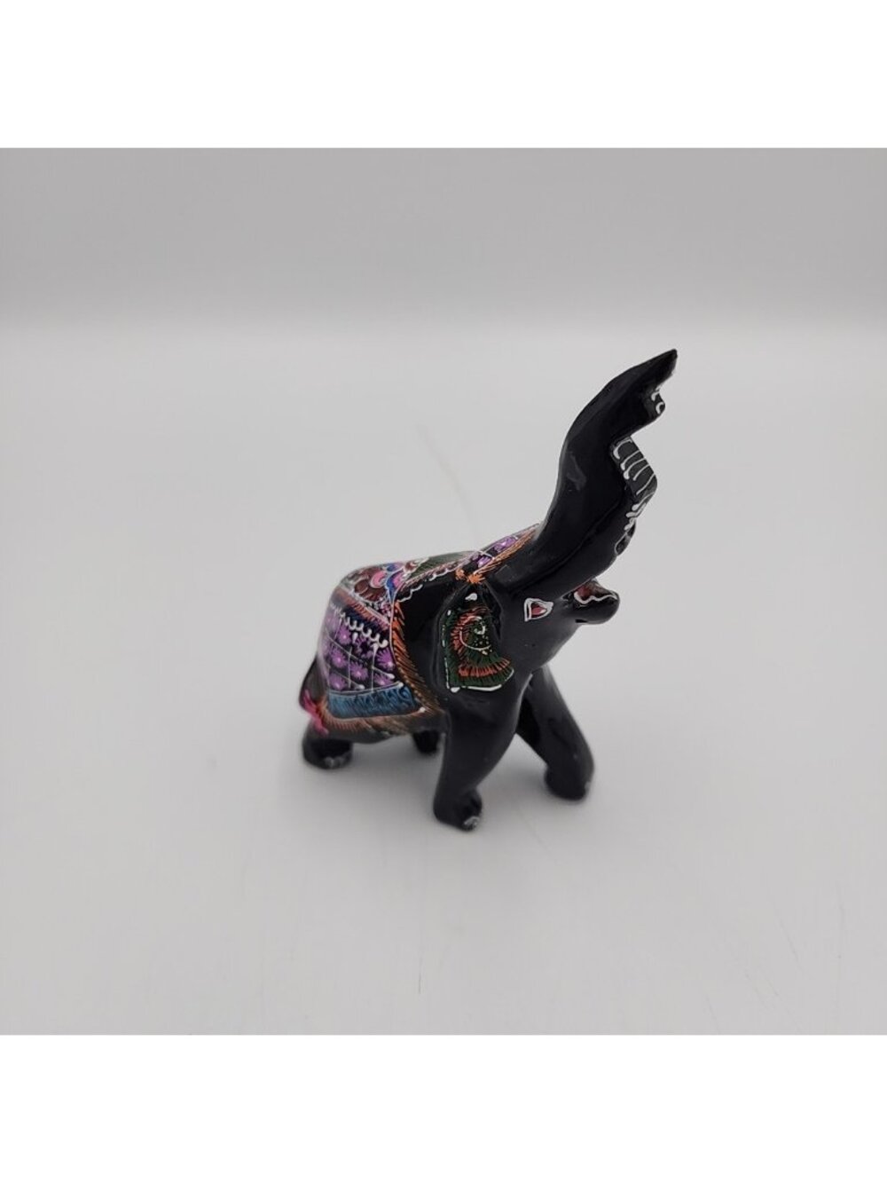 Black Lacquered Miniature Elephant With Colorful Design Hand Painted 2-3/4 In.